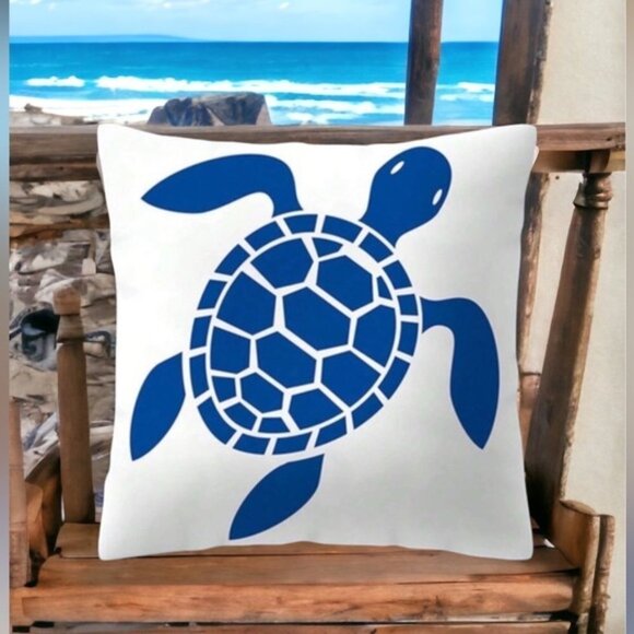 Coastal Pillow Cover Sea Turtle Nautical Graphic Beach 17.7 in Square Blue White - Picture 2 of 16